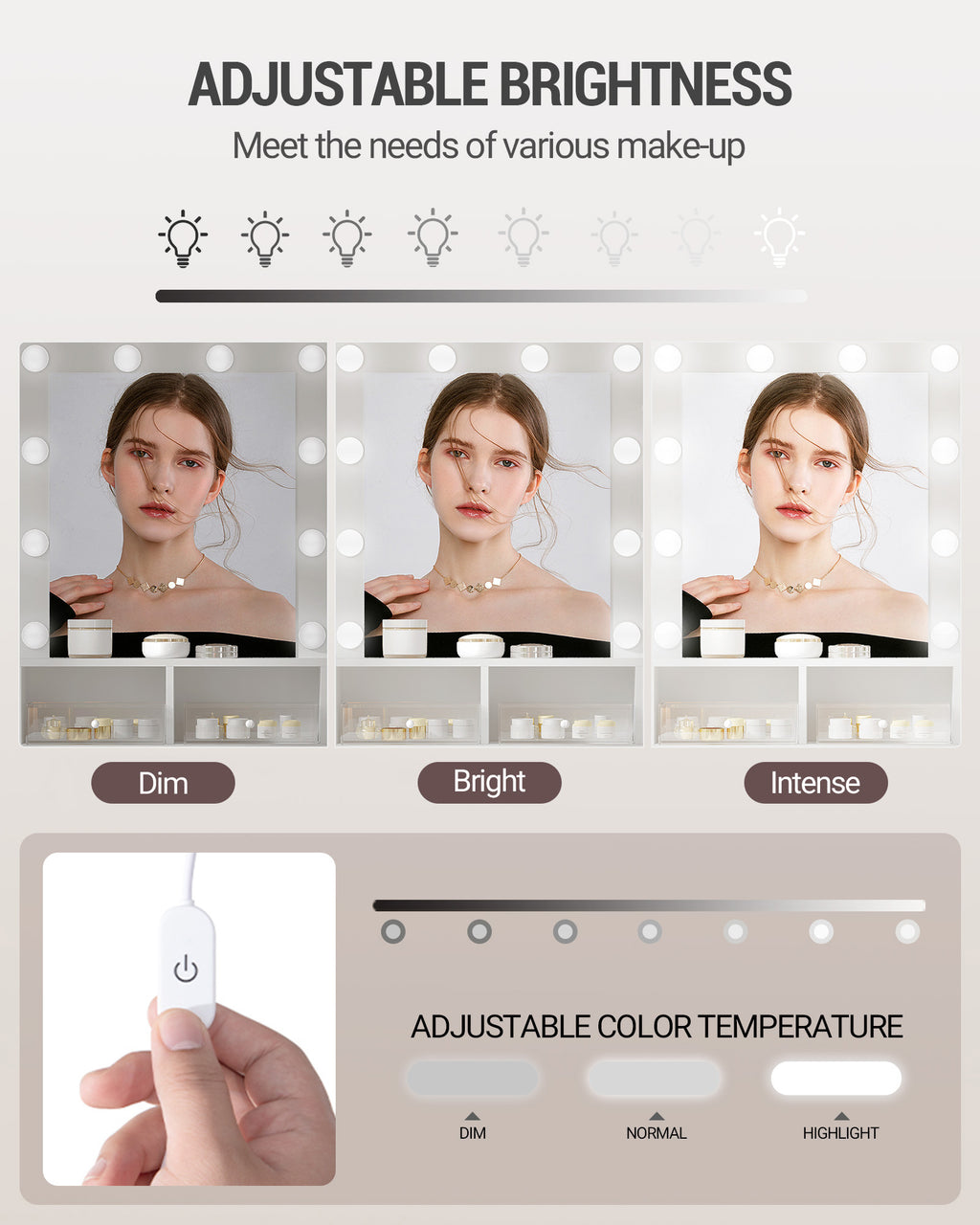 Hzuaneri White Dressing Table with Mirror, 2 Storage Drawers, Adjustable Brightness