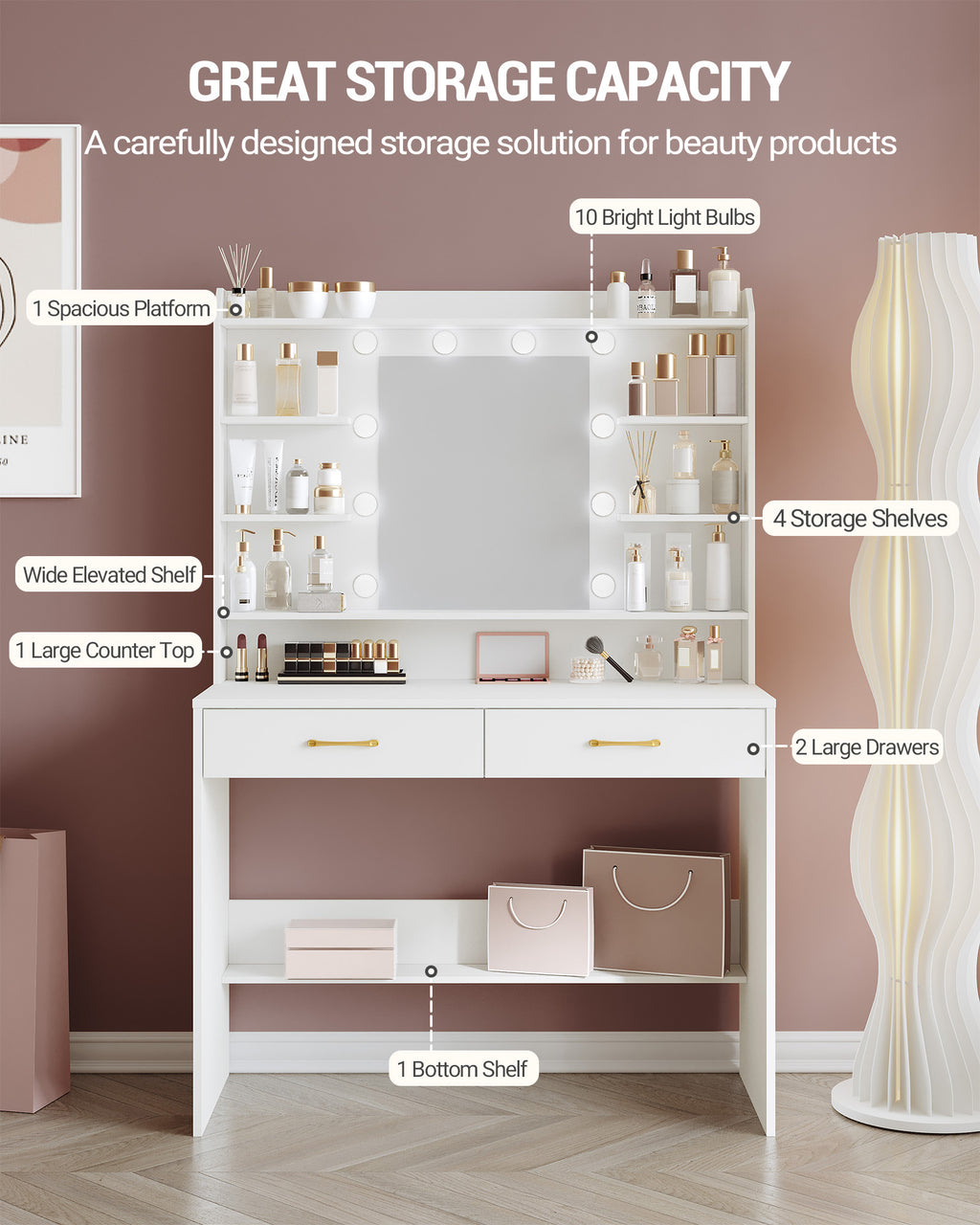 Hzuaneri White Dressing Table with Mirror, 2 Storage Drawers, Adjustable Brightness