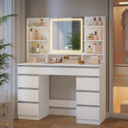 Hzuaneri Large Vanity Table with LED Lighting, 3 Colors, Brightness Control, Vanity Table with Mirror, 9 Drawers, 9 Open Shelves, Modern Style, White-Silver DT41903W