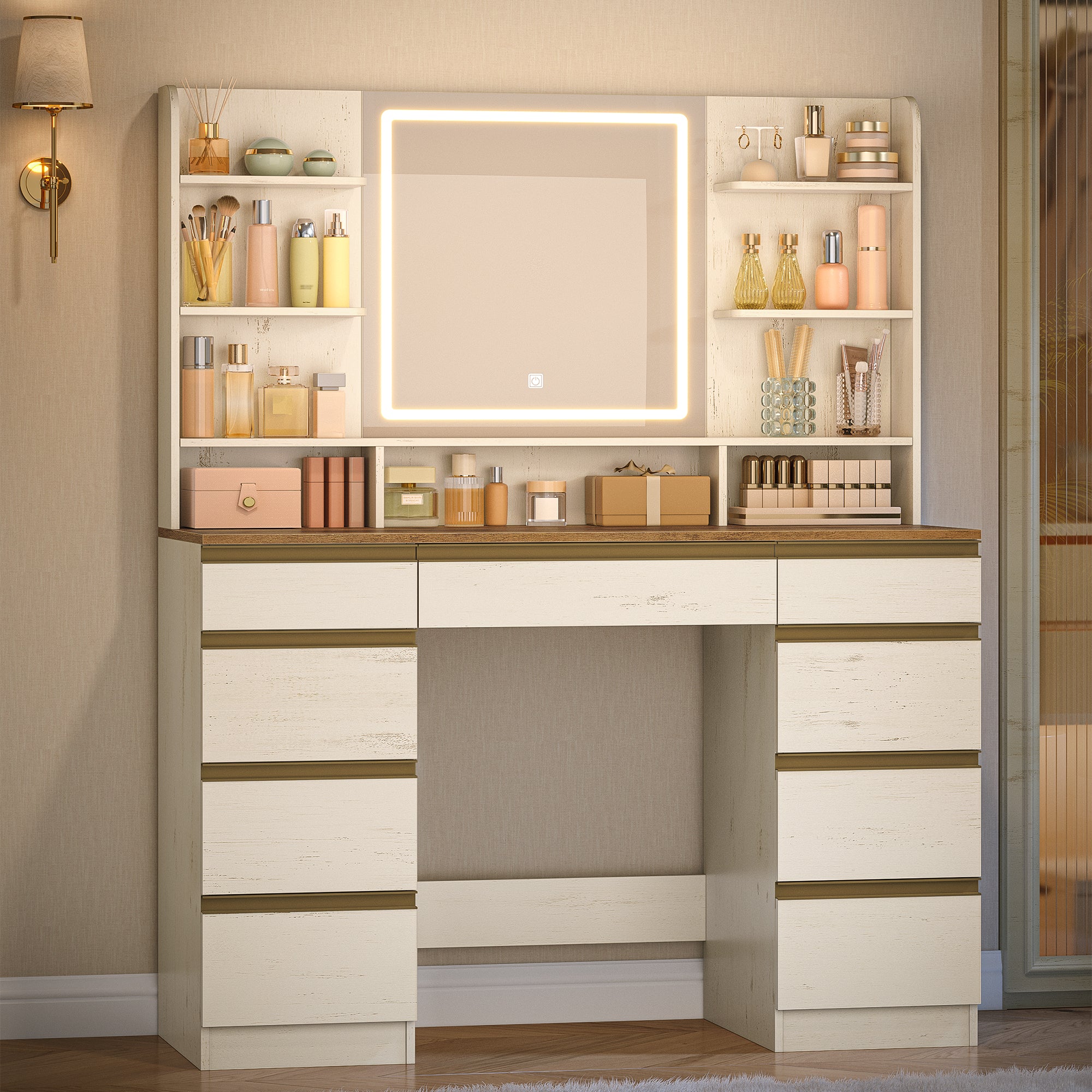 Hzuaneri Large Vanity Table with LED Lighting, 3 Colors, Brightness Control, Vanity Table with Mirror, 9 Drawers, 9 Open Shelves, Modern Style, White-Brown DT41914X