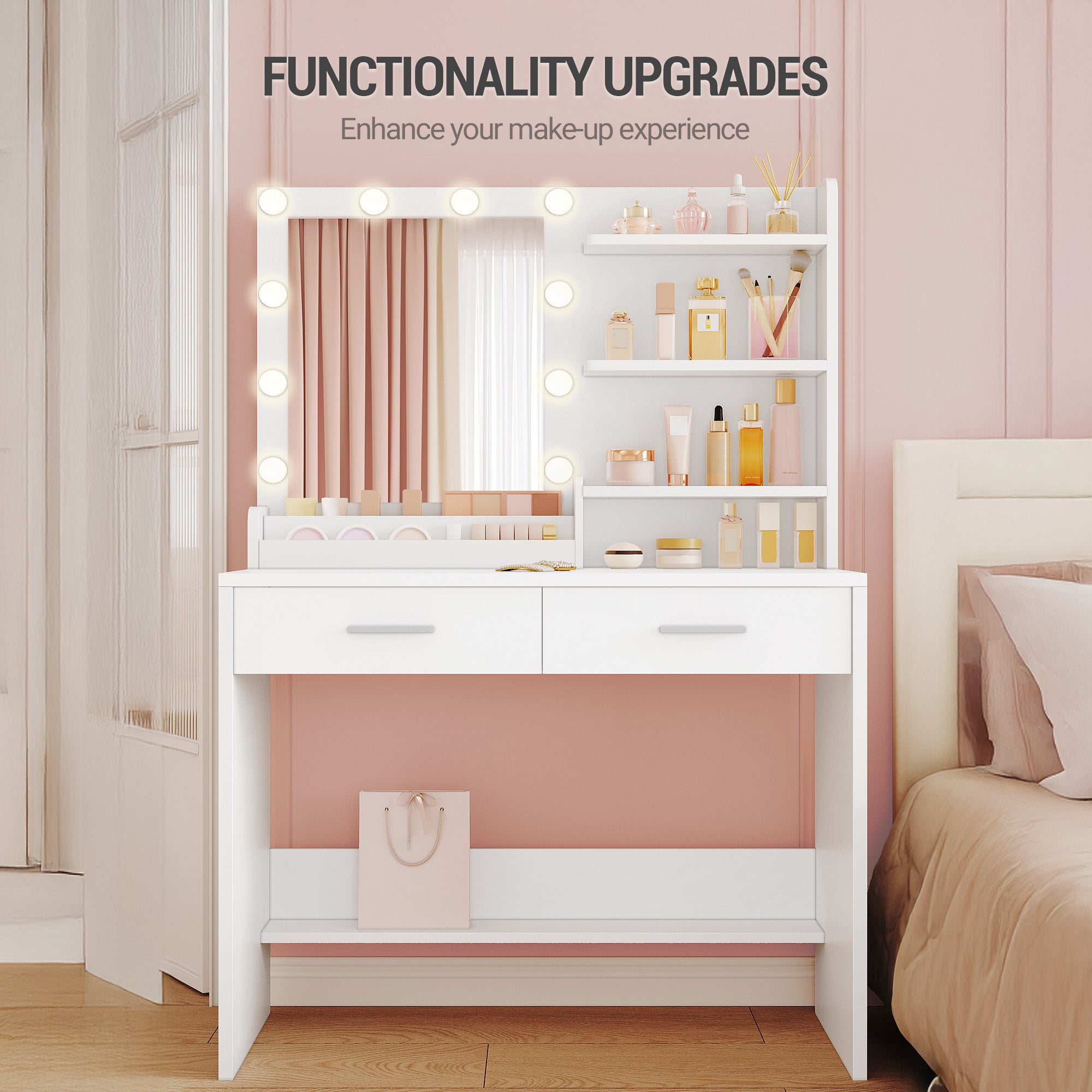 Hzuaneri Dressing Table with Mirror, Vanity Desk with LED Lighting, 3-Color Adjustable Brightness, 2 Drawers, 4 Open Shelves and 2 Compartments, Bedroom Makeup Desk, White DT42703X