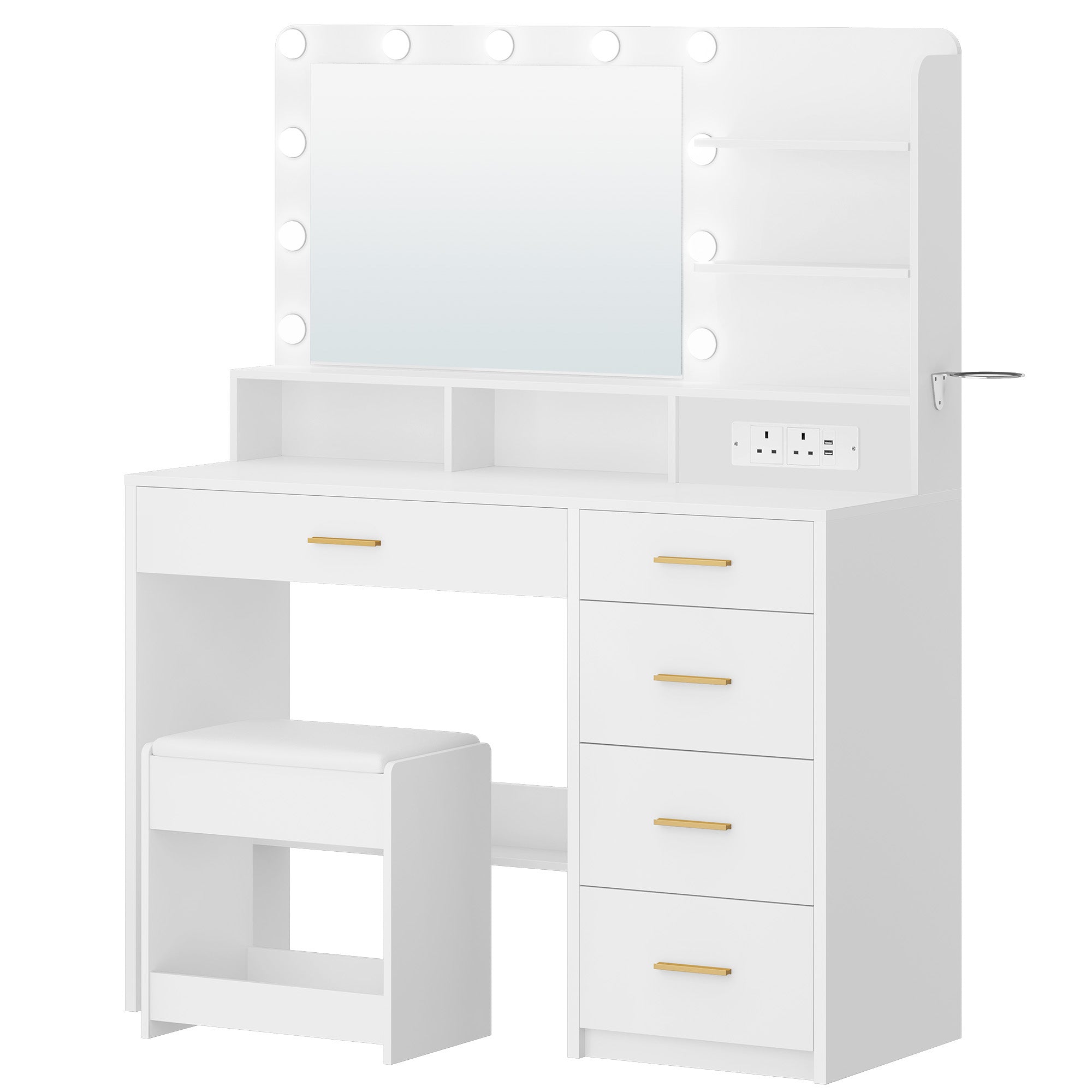 Hzuaneri Dressing Table with Stool, Plug and Mirror, LED Adjustable, White Vanity Table with Hairdryer Holder, 6 Open Storage Areas, Adjustable Lighting Brightness, 108 cm Desktop, White DT42903XUK