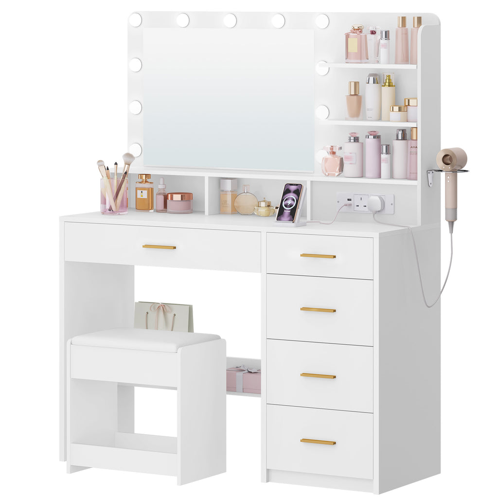 Hzuaneri Dressing Table with Stool, Plug and Mirror, LED Adjustable, White Vanity Table with Hairdryer Holder, 6 Open Storage Areas, Adjustable Lighting Brightness, 108 cm Desktop, White DT42903XUK