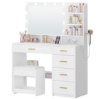 Hzuaneri Dressing Table with Stool, Plug and Mirror, LED Adjustable, White Vanity Table with Hairdryer Holder, 6 Open Storage Areas, Adjustable Lighting Brightness, 108 cm Desktop, White DT42903XUK