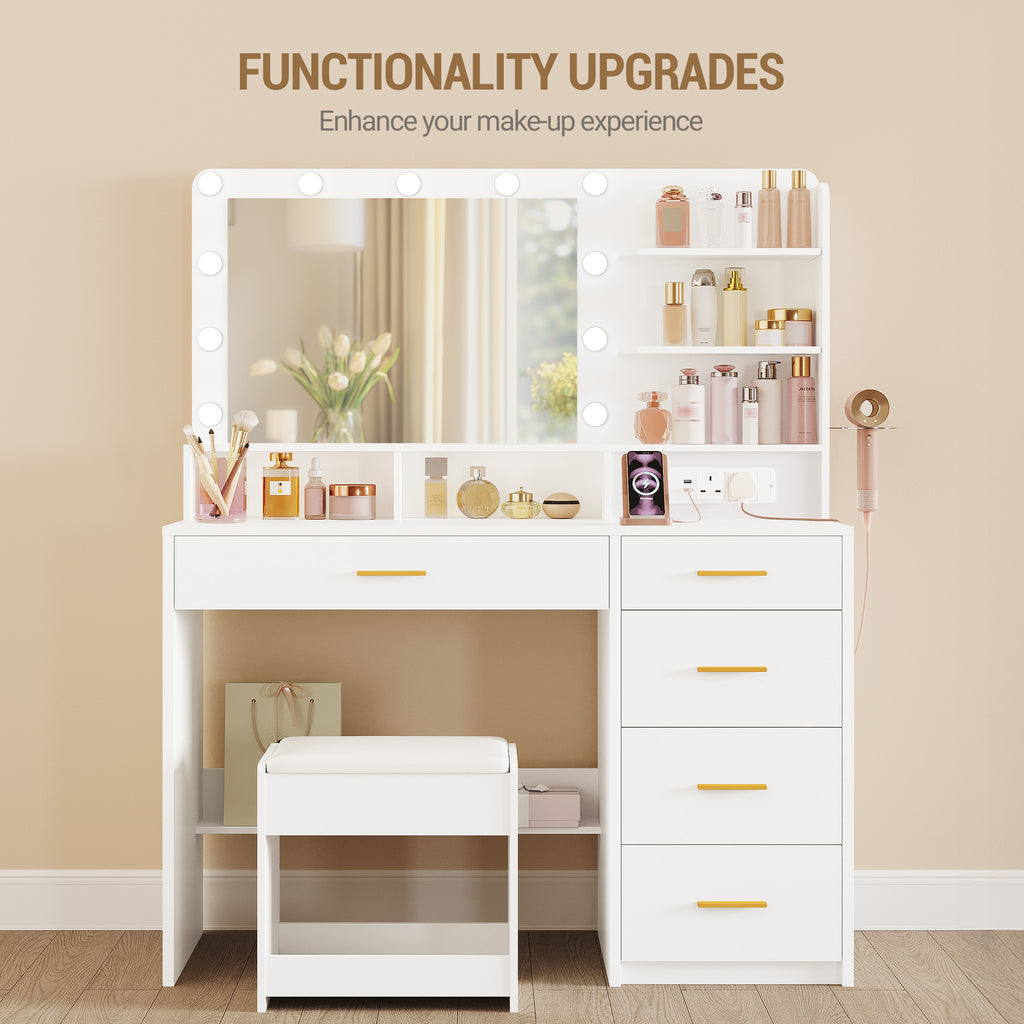 Hzuaneri Dressing Table with Stool, Plug and Mirror, LED Adjustable, White Vanity Table with Hairdryer Holder, 6 Open Storage Areas, Adjustable Lighting Brightness, 108 cm Desktop, White DT42903XUK
