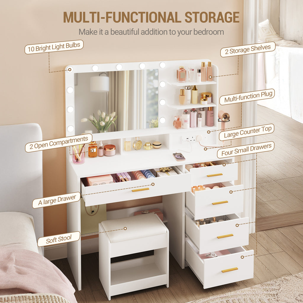 Hzuaneri Dressing Table with Stool, Plug and Mirror, LED Adjustable, White Vanity Table with Hairdryer Holder, 6 Open Storage Areas, Adjustable Lighting Brightness, 108 cm Desktop, White DT42903XUK