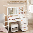 Hzuaneri Dressing Table with Stool, Plug and Mirror, LED Adjustable, White Vanity Table with Hairdryer Holder, 6 Open Storage Areas, Adjustable Lighting Brightness, 108 cm Desktop, White DT42903XUK