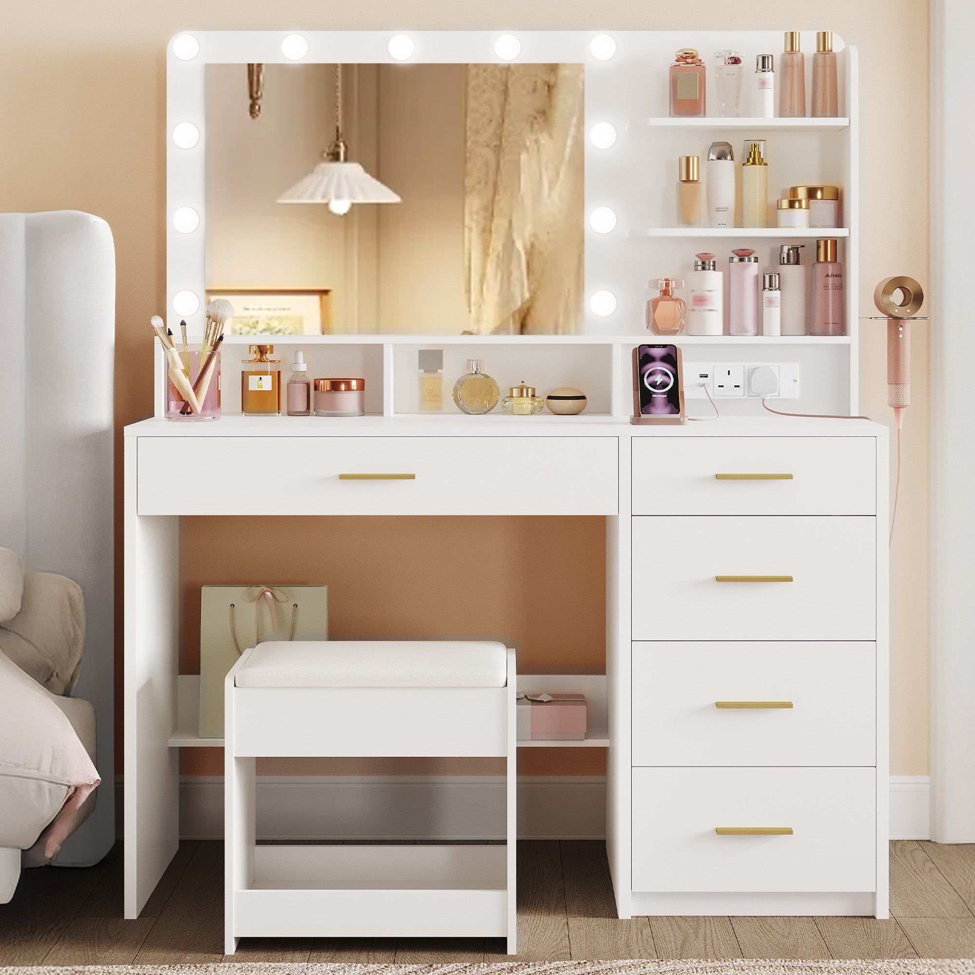 Hzuaneri Dressing Table with Stool, Plug and Mirror, LED Adjustable, White Vanity Table with Hairdryer Holder, 6 Open Storage Areas, Adjustable Lighting Brightness, 108 cm Desktop, White DT42903XUK