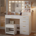 Hzuaneri Dressing Table with Stool, Plug and Mirror, LED Adjustable, White Vanity Table with Hairdryer Holder, 6 Open Storage Areas, Adjustable Lighting Brightness, 108 cm Desktop, White DT42903XUK