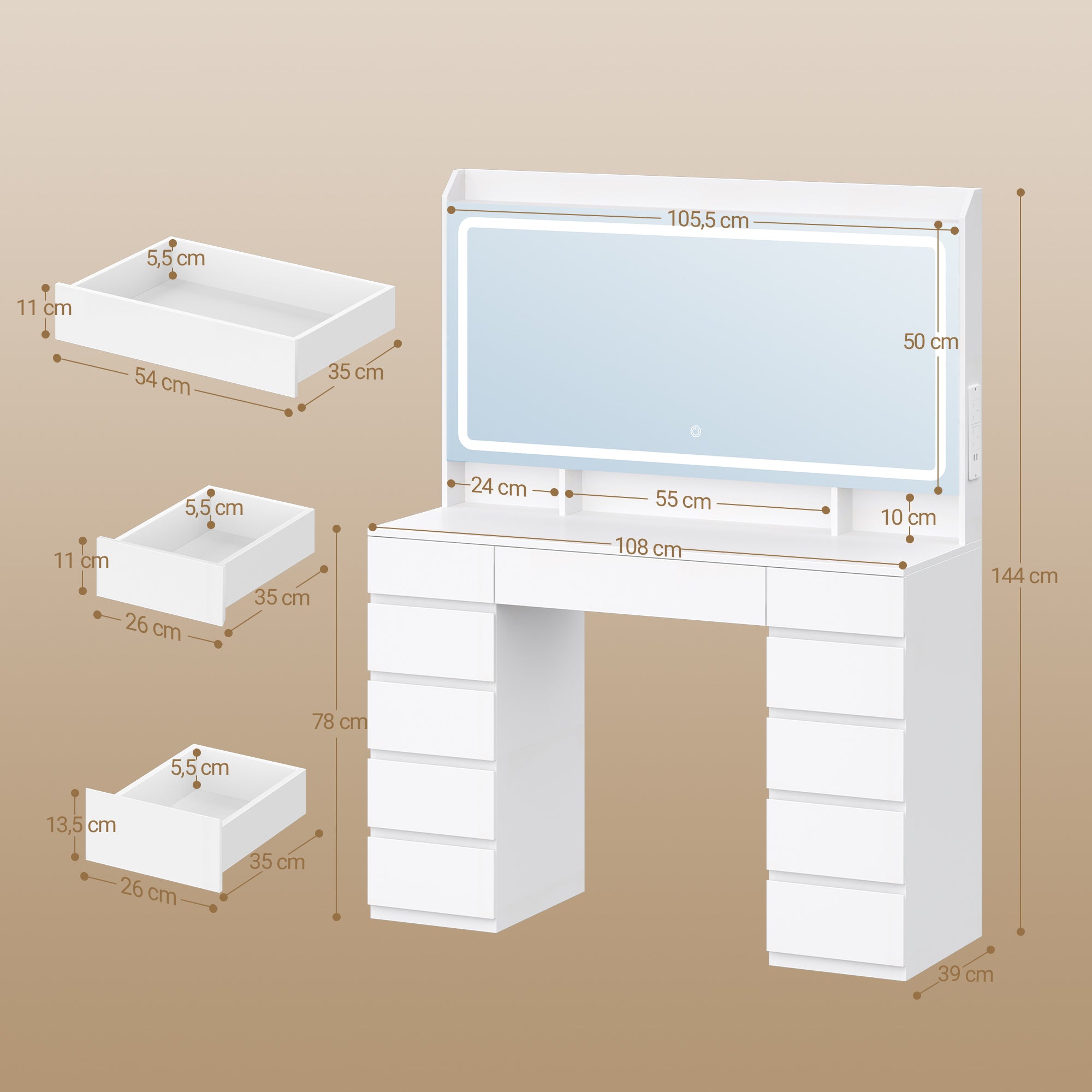 Hzuaneri Large Vanity Table with Large HD Mirror, Vanity Table with LED Lighting, 3 Colors, Adjustable Brightness, Dressing Table with 11 Drawers, Vanity Tables for Bedroom, White DT43003X