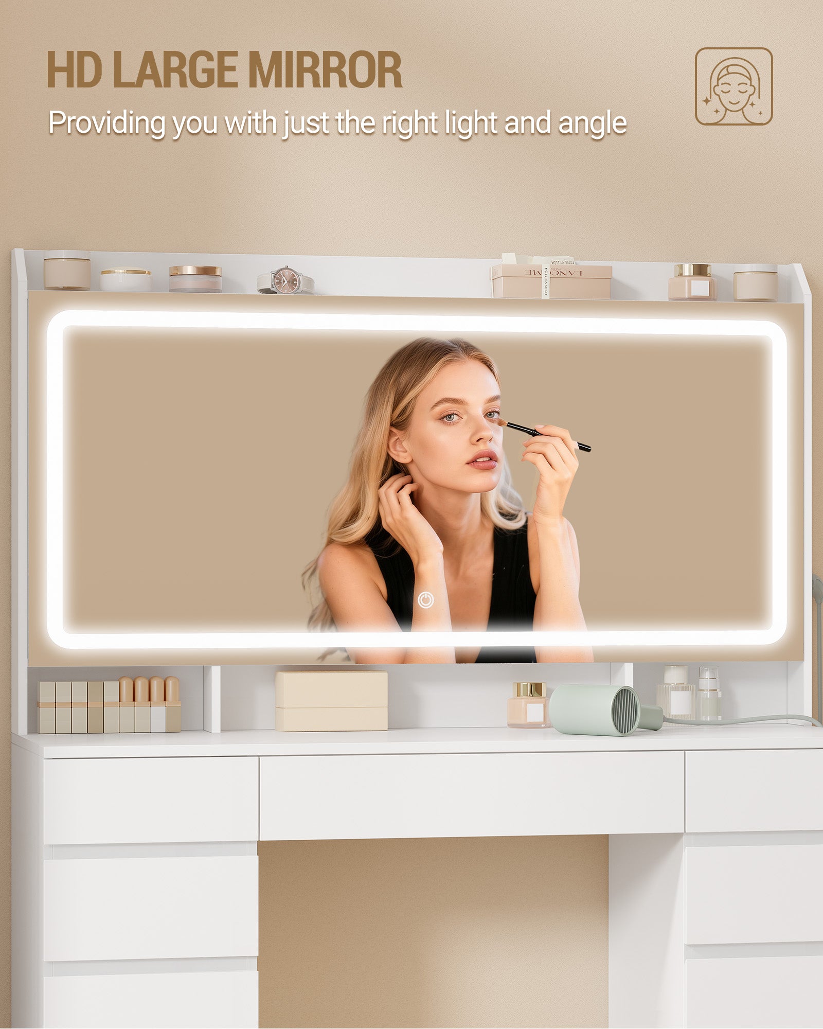 Hzuaneri Large Vanity Table with Large HD Mirror, Vanity Table with LED Lighting, 3 Colors, Adjustable Brightness, Dressing Table with 11 Drawers, Vanity Tables for Bedroom, White DT43003X