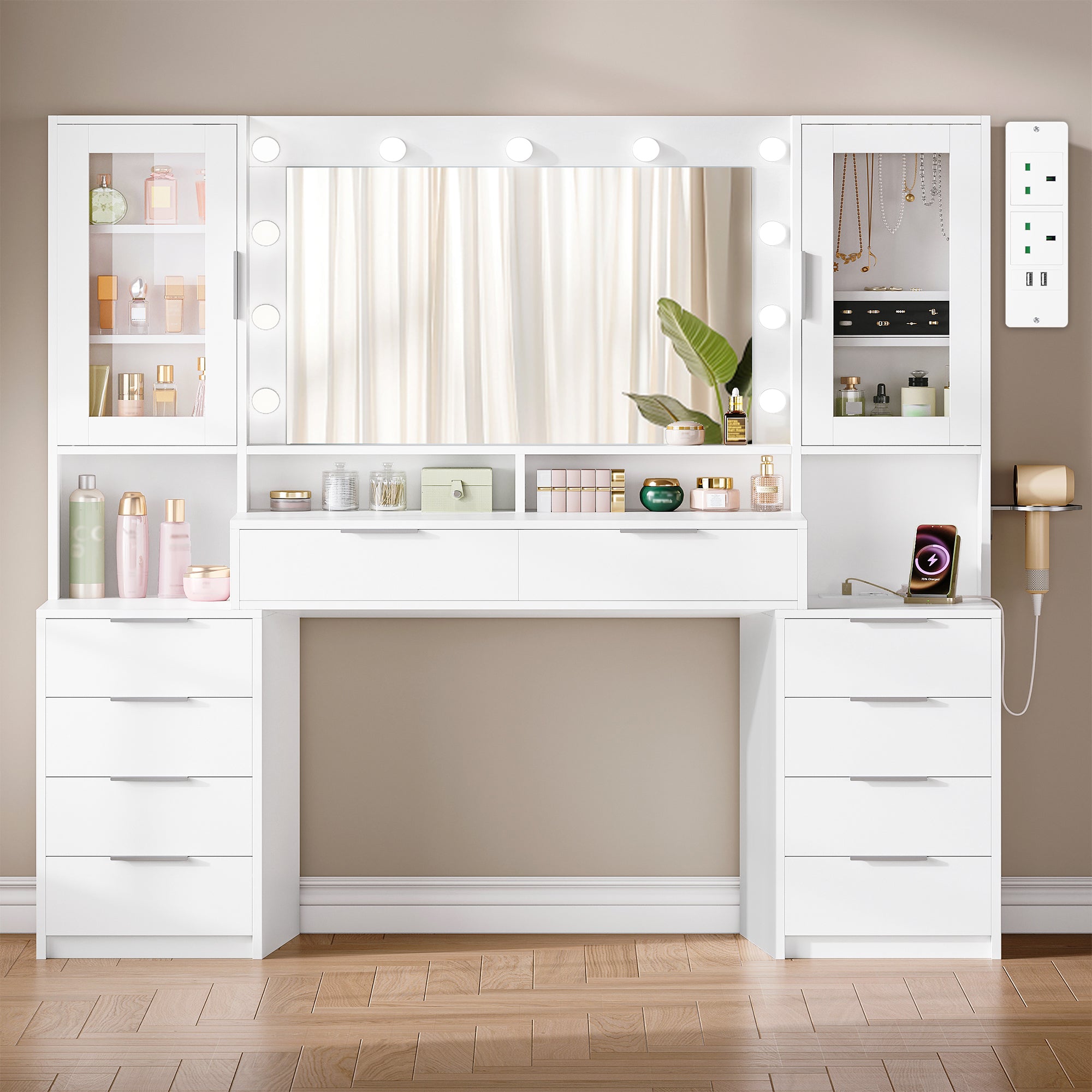 Hzuaneri 150 cm Large Vanity Table with LED Lighting and Power Strip, Vanity Table with Mirror, Tri-Color Light Setting, 10 Drawers, Jewelry Storage, White-Silver DT43703X