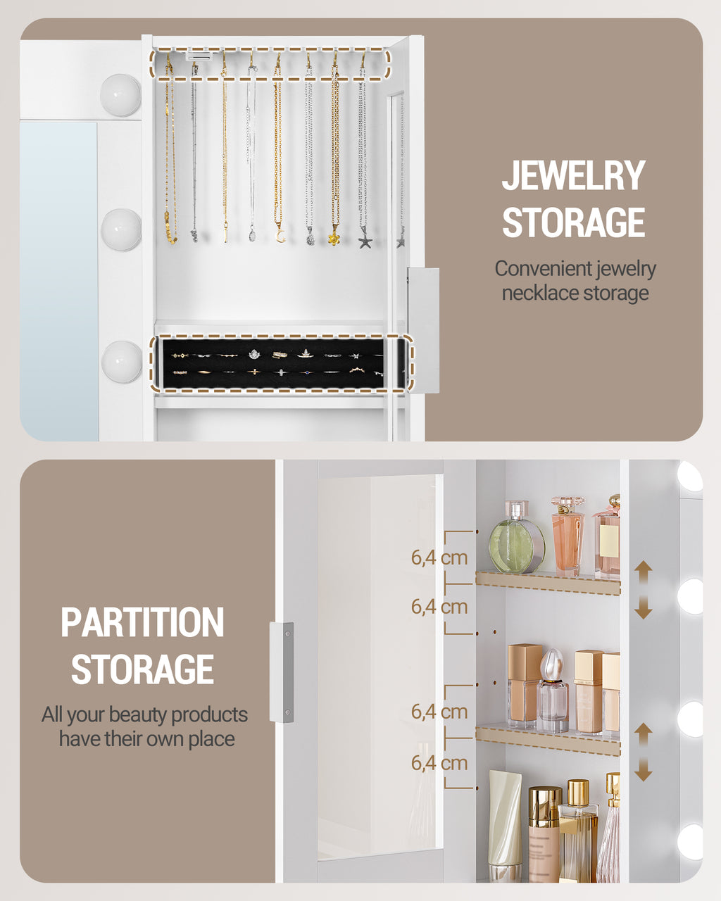 Hzuaneri 150 cm Large Vanity Table with LED Lighting and Power Strip, Vanity Table with Mirror, Tri-Color Light Setting, 10 Drawers, Jewelry Storage, White-Silver DT43703X