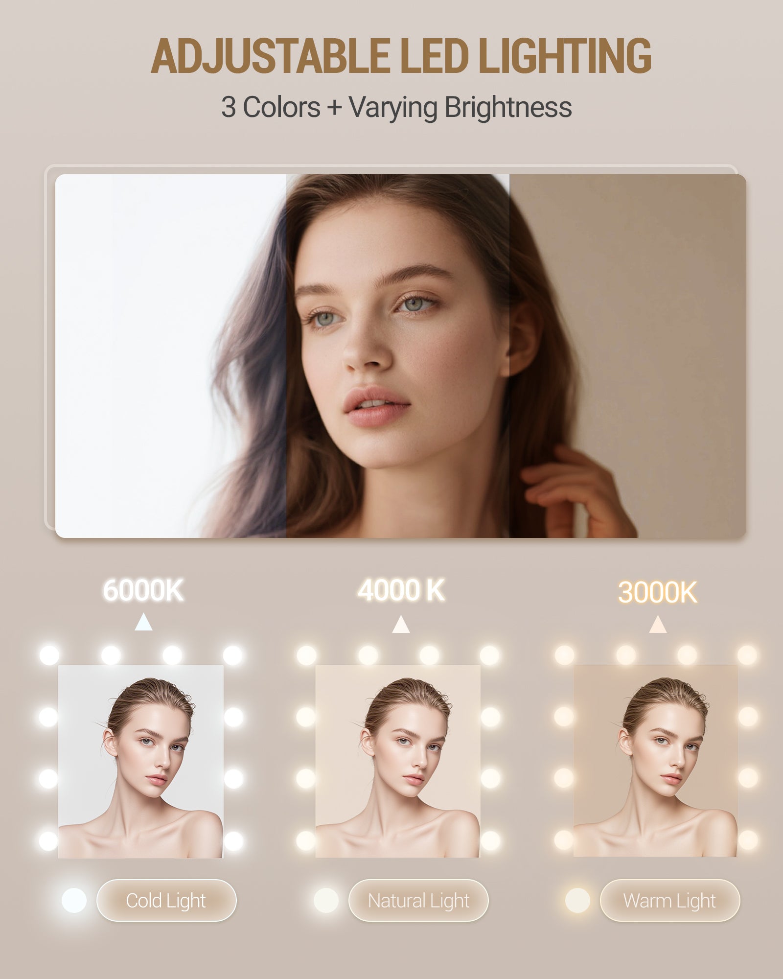 Hzuaneri 150cm Dressing Table with LED Lighting, Dressing Table with Multi Socket, 11 LED Lights, Three Lighting Colours, 10 Drawers, Storage for Jewelry, White-Silver DT434703XEU