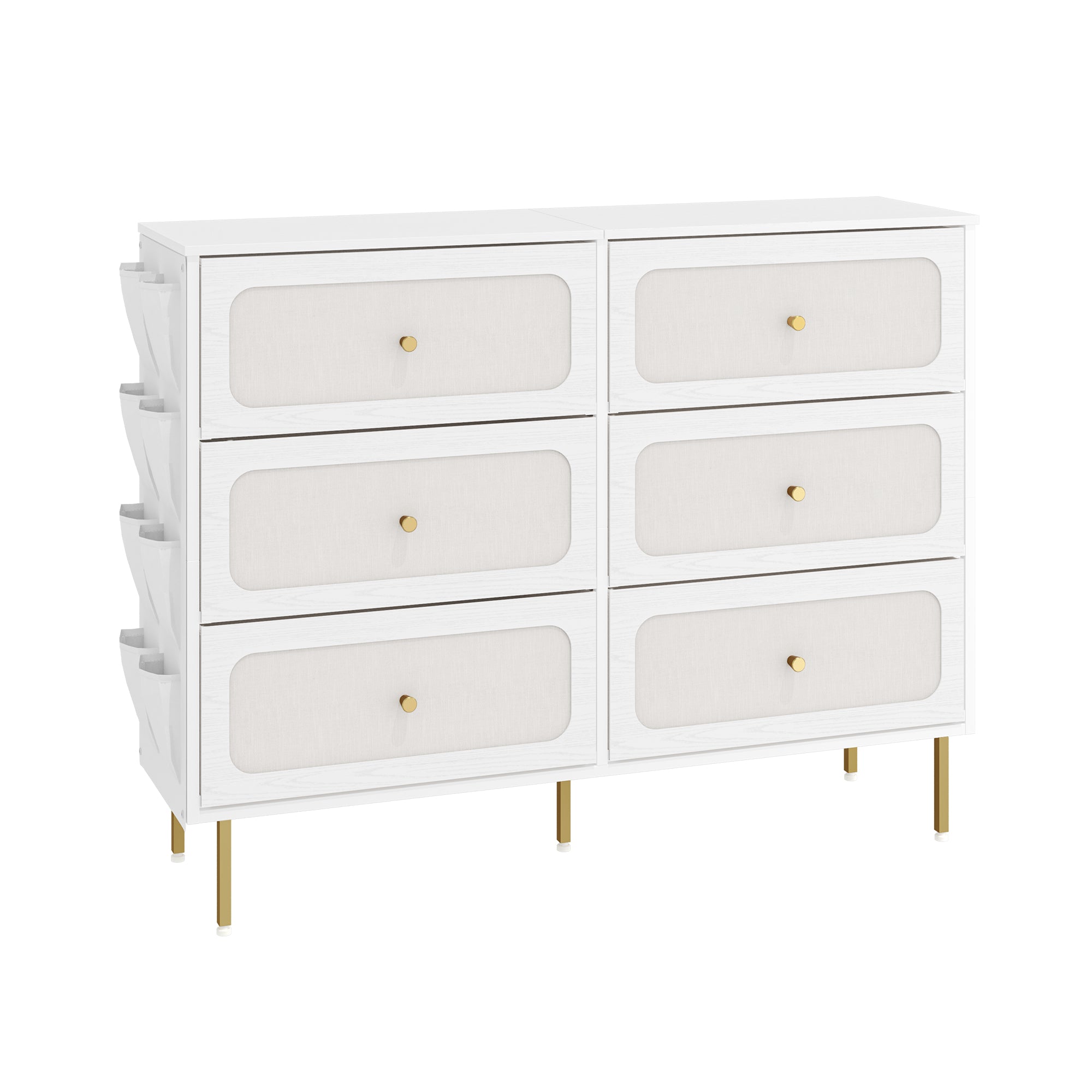 Hzuaneri Chest of Drawers 110cm, Cabinet with 6 Fabric Drawers, Multifunctional Sideboard with Fabric Storage, Metal Frame, 30 x 110 x 85 cm, for Living Room and Bedroom, Modern, White-Gold DU25813AW
