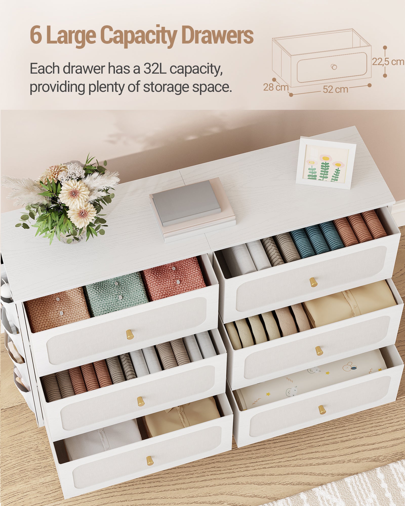 Hzuaneri Chest of Drawers 110cm, Cabinet with 6 Fabric Drawers, Multifunctional Sideboard with Fabric Storage, Metal Frame, 30 x 110 x 85 cm, for Living Room and Bedroom, Modern, White-Gold DU25813AW