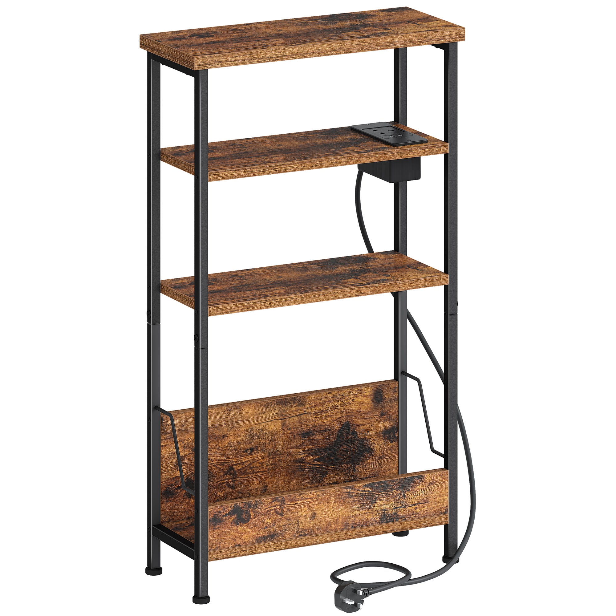 Hzuaneri Narrow Side Table with Charging Station, 4-Tier Slim Bedside Table with Magazine Rack, Sofa End Table for Small Spaces, Living Rooms, Bedrooms, Study as a Nightstand, Rustic Brown T40001B