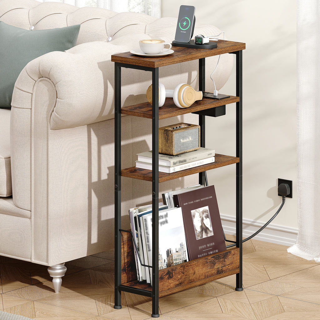 Hzuaneri Slim Side Table, 4-Tier End Table with Magazine Rack and Charging Outlet, Suitable for Living Rooms, Bedrooms and Offices, Rustic Brown ET40001B