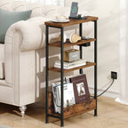 Hzuaneri Slim Side Table, 4-Tier End Table with Magazine Rack and Charging Outlet, Suitable for Living Rooms, Bedrooms and Offices, Rustic Brown ET40001B