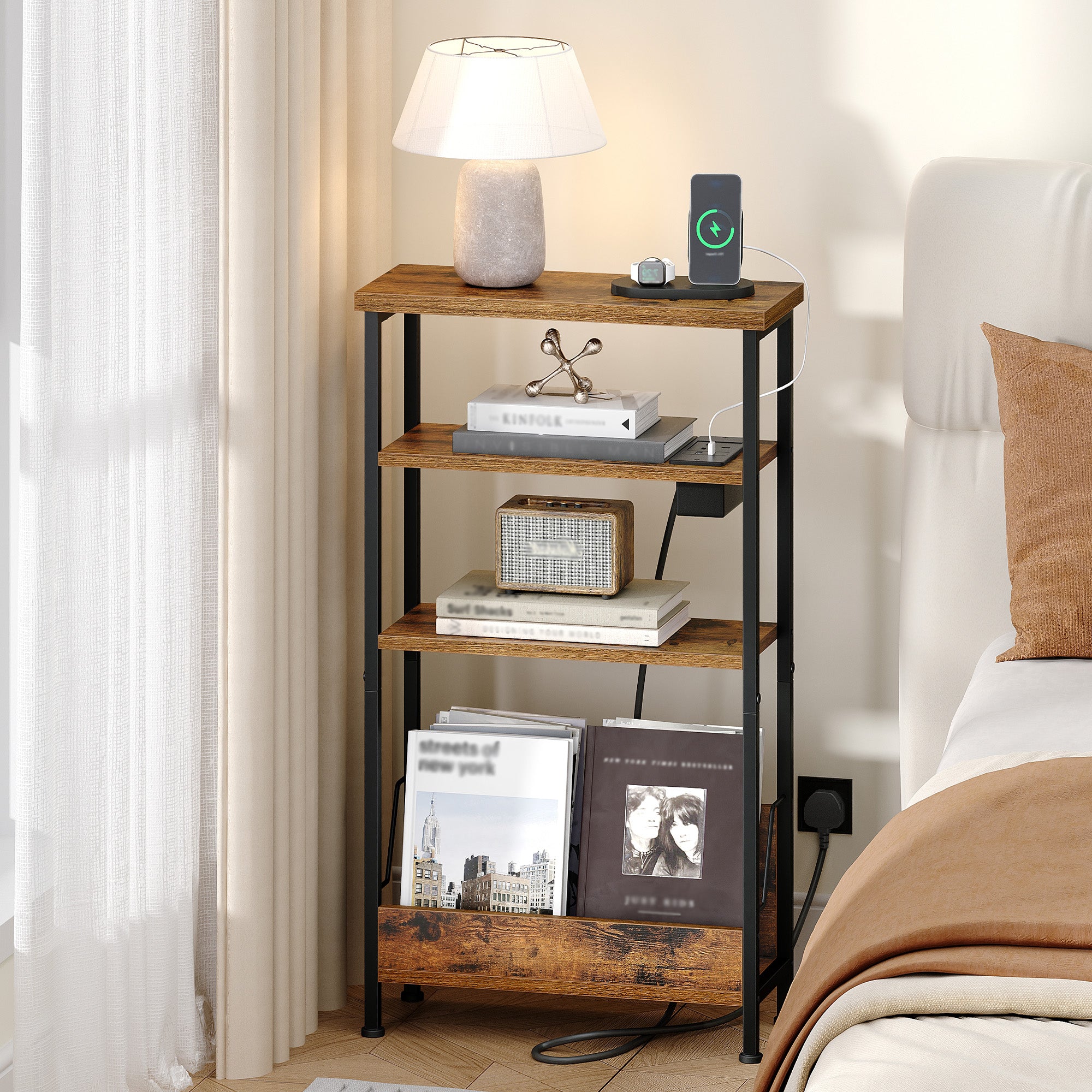 Hzuaneri Slim Side Table, 4-Tier End Table with Magazine Rack and Charging Outlet, Suitable for Living Rooms, Bedrooms and Offices, Rustic Brown ET40001B