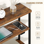 Hzuaneri Narrow Side Table with Charging Station, 4-Tier Slim Bedside Table with Magazine Rack, Sofa End Table for Small Spaces, Living Rooms, Bedrooms, Study as a Nightstand, Rustic Brown T40001B