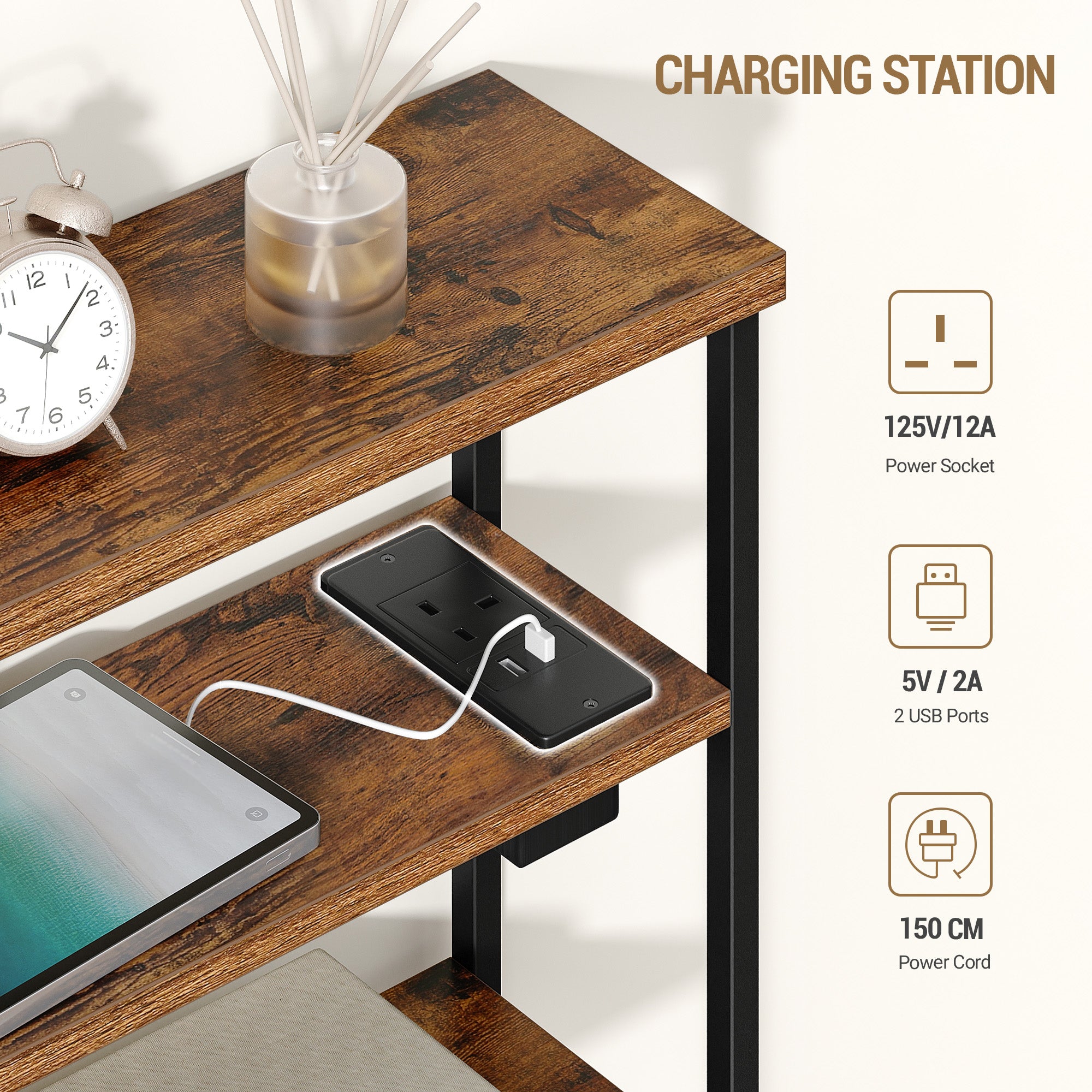 Hzuaneri Narrow Side Table with Charging Station, 4-Tier Slim Bedside Table with Magazine Rack, Sofa End Table for Small Spaces, Living Rooms, Bedrooms, Study as a Nightstand, Rustic Brown T40001B