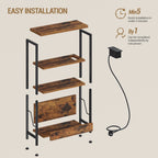 Hzuaneri Slim Side Table, 4-Tier End Table with Magazine Rack and Charging Outlet, Suitable for Living Rooms, Bedrooms and Offices, Rustic Brown ET40001B
