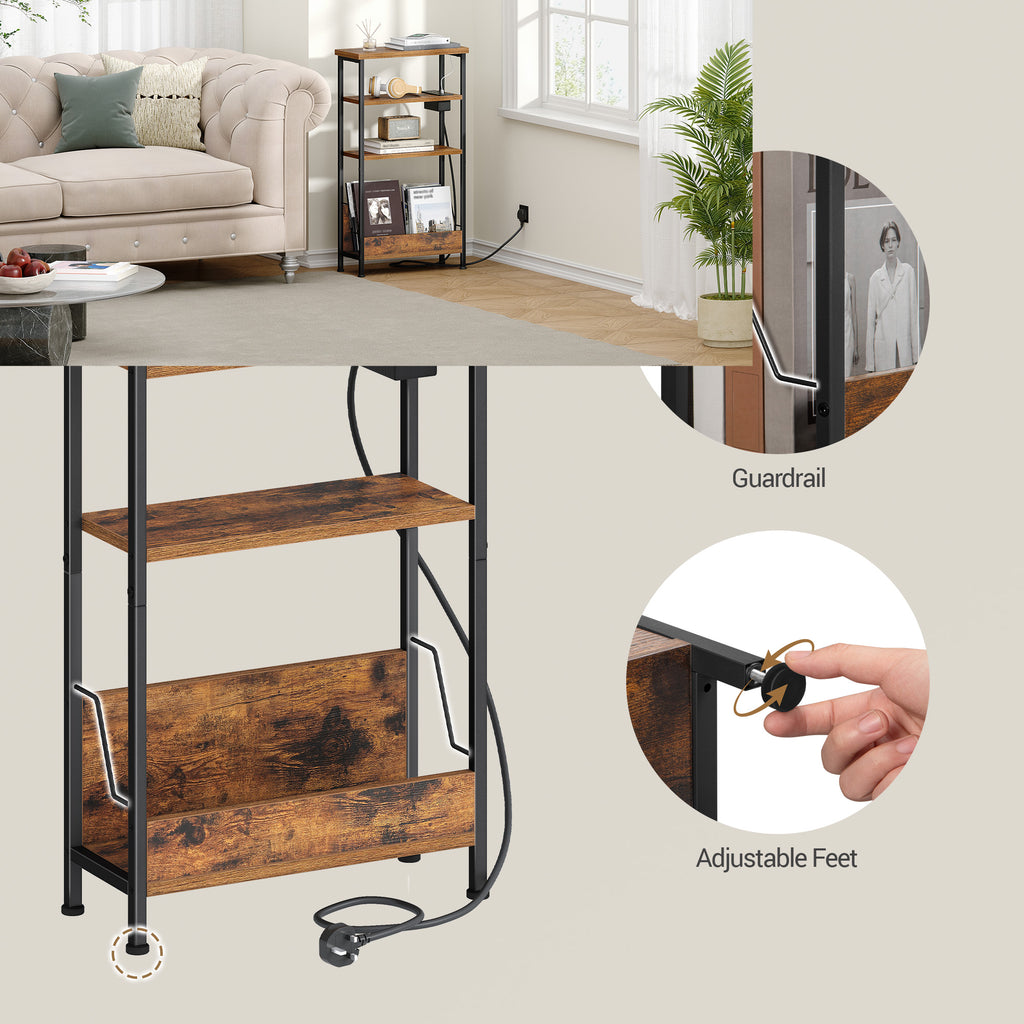 Hzuaneri Slim Side Table, 4-Tier End Table with Magazine Rack and Charging Outlet, Suitable for Living Rooms, Bedrooms and Offices, Rustic Brown ET40001B