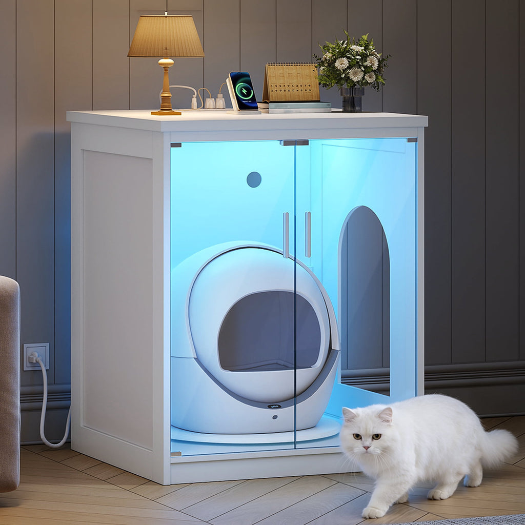 Hzuaneri Extra Large Cat Litter Box Enclosure, Self-Cleaning Hidden Cabinet with Glass Door and RGB Light, Modern,White