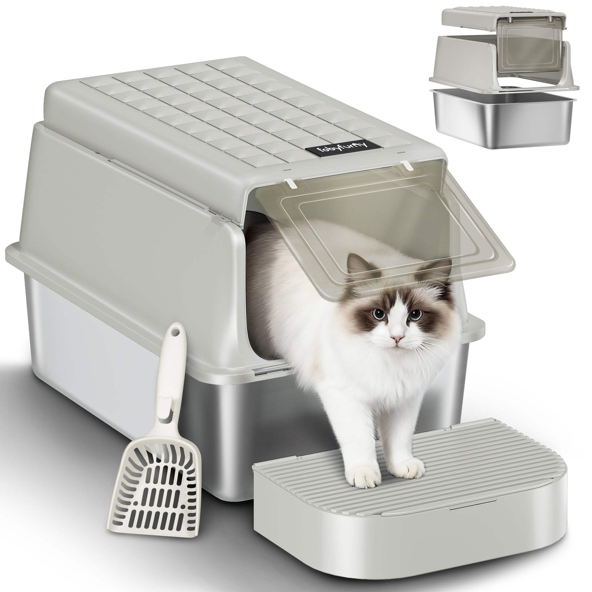Fobyfurny Stainless Steel Cat Litter Tray with Lid, XXL Closed Metal Cat Litter Tray with Scoop and Footrest, Removable, 120° Hinged Lid, Easy to Clean, Dark Grey,FPLB001SG1
