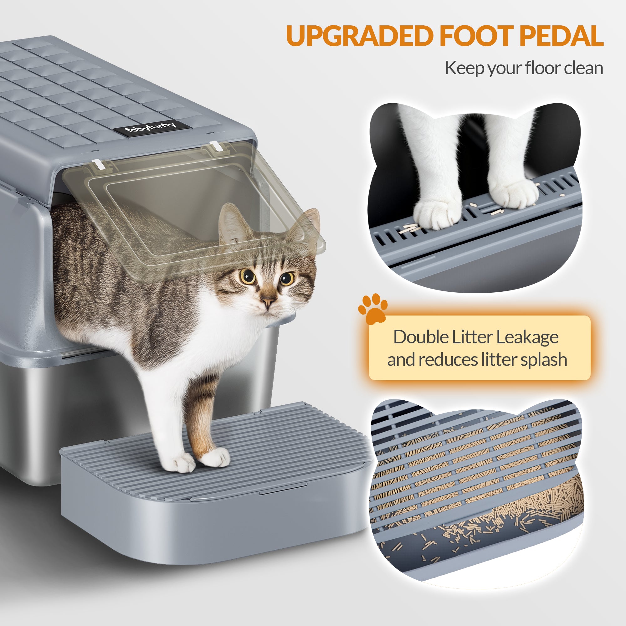 Fobyfurny Stainless Steel Cat Litter Tray with Lid, XXL Closed Metal Cat Litter Tray with Scoop and Footrest, Removable, 120° Hinged Lid, Easy to Clean, Dark Grey FPLB001SG2
