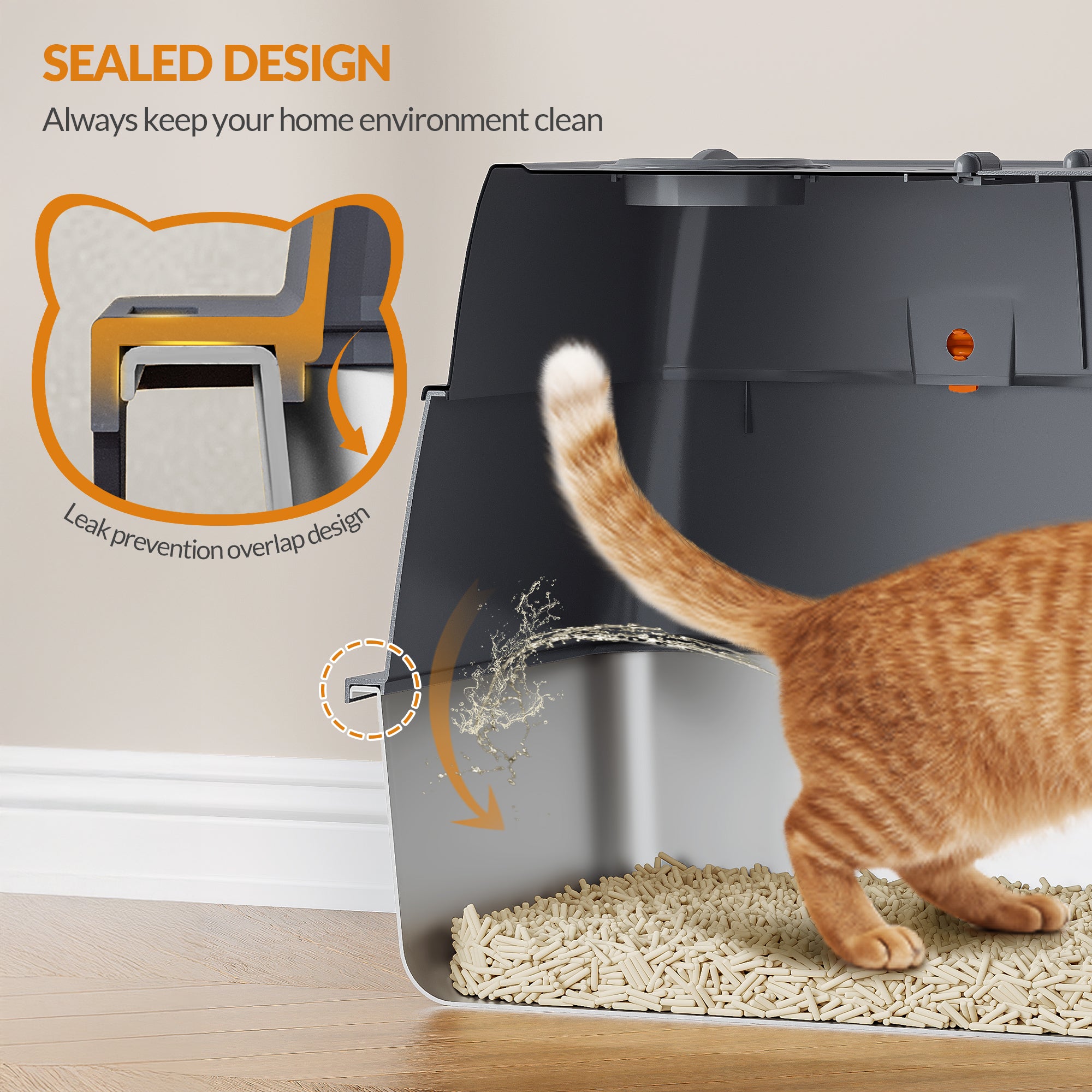 Fobyfurny Stainless steel cat litter box with lid, enclosed cat litter box, 180° hinged lid, includes pedal and scoop, easy to clean, modular design, 61 L x 41 W x 40 H cm, dark grey, FPLB203SG2