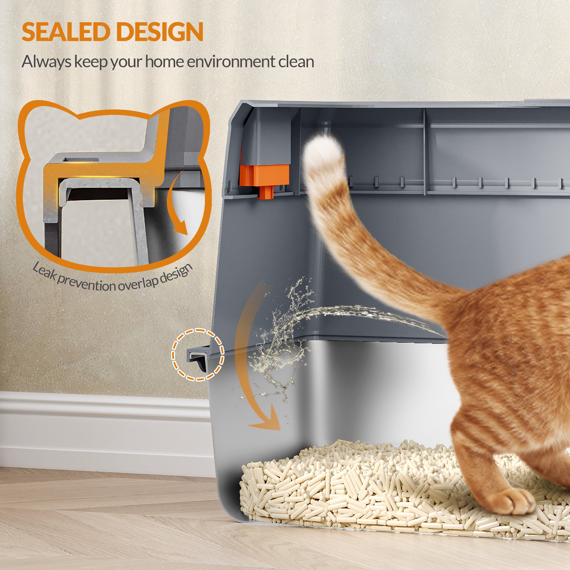 Fobyfurny Stainless Steel Cat Litter Tray with Lid, XXL Closed Cat Litter Tray with Step and Shovel, Easy to Clean, Two Entrances, Removable, 60 x 40 x 38 cm, Dark Grey,FPLB204SG2