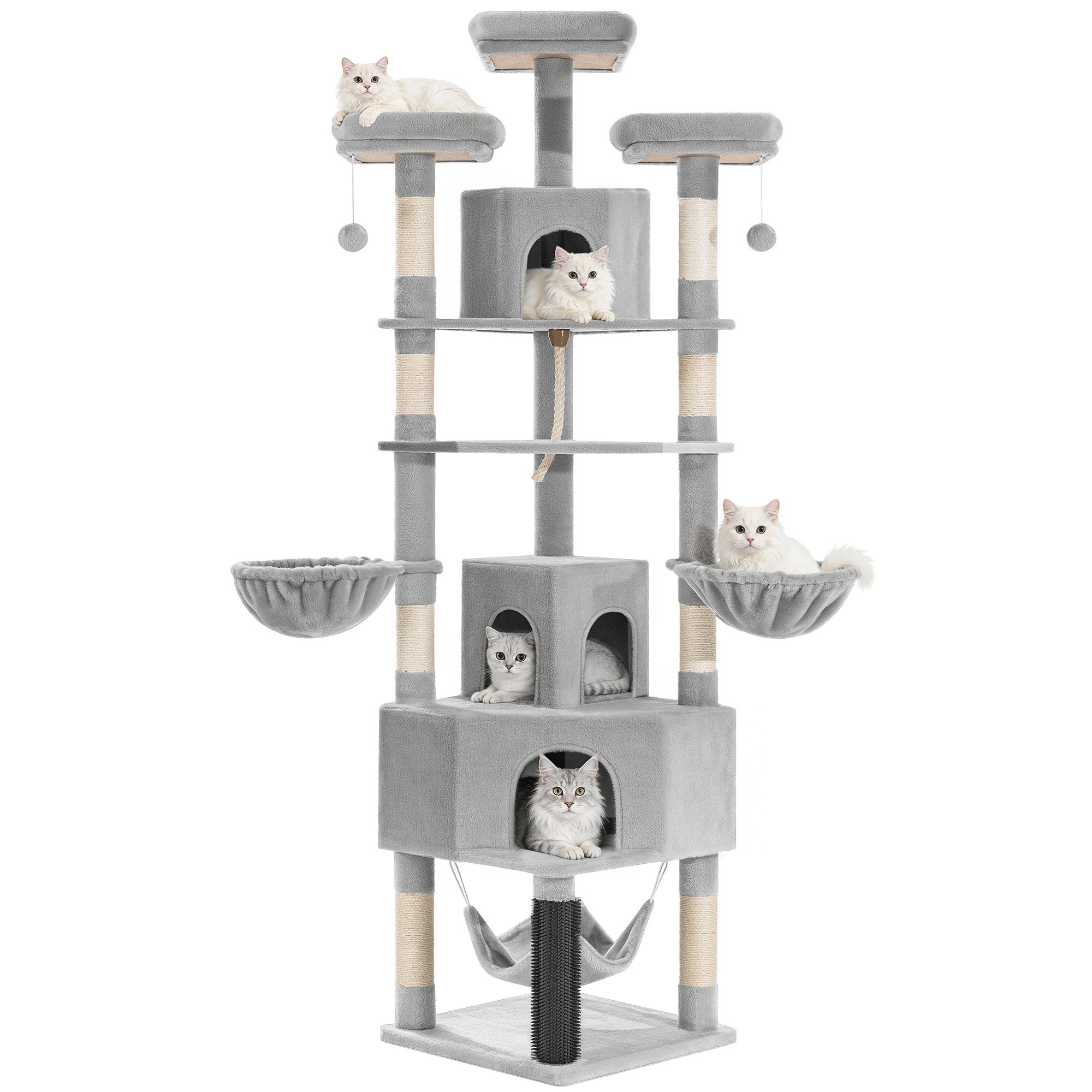 Fobyfurny Large Cat Tree, 220 cm, XXL Stable Cat Tree with Large Caves, 3 Platforms, 8 Sisal Posts, Hammock, Cat Brushes, Baskets, Thick Sisal Rope, Light Grey FPMS011FG1