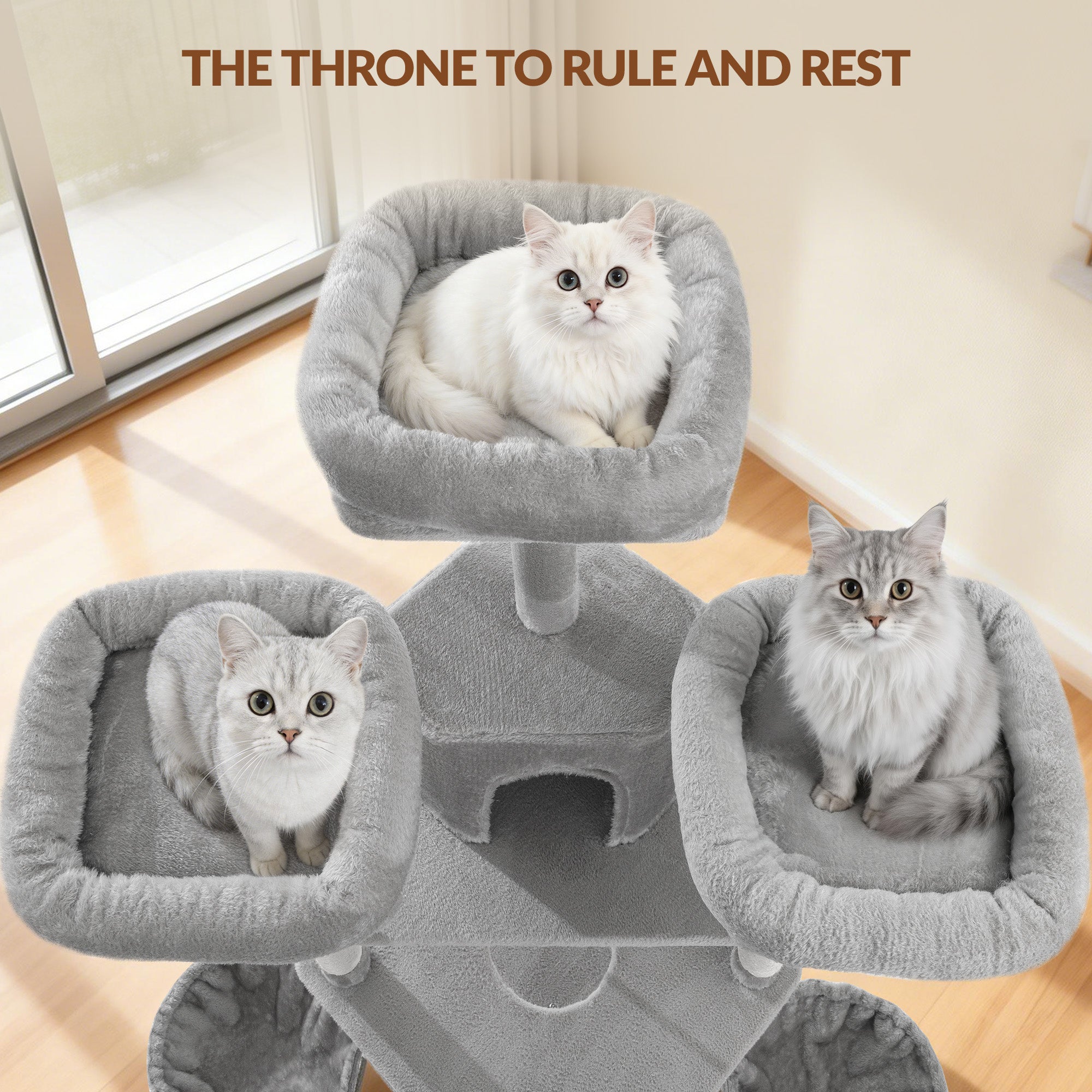 Fobyfurny Large Cat Tree, 220 cm, XXL Stable Cat Tree with Large Caves, 3 Platforms, 8 Sisal Posts, Hammock, Cat Brushes, Baskets, Thick Sisal Rope, Light Grey FPMS011FG1