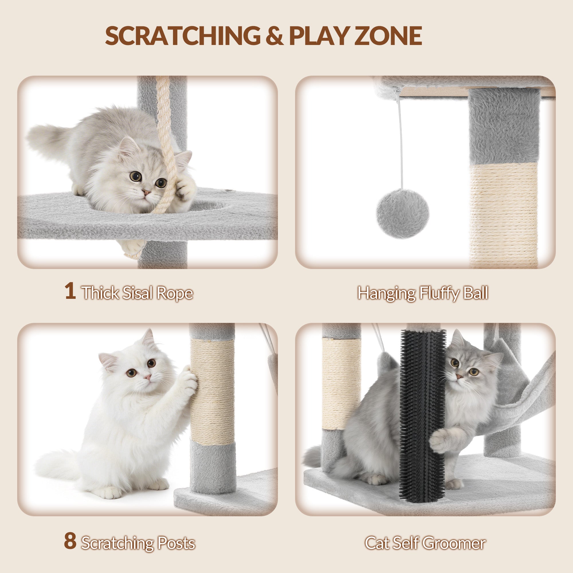 Fobyfurny Large Cat Tree, 220 cm, XXL Stable Cat Tree with Large Caves, 3 Platforms, 8 Sisal Posts, Hammock, Cat Brushes, Baskets, Thick Sisal Rope, Light Grey FPMS011FG1