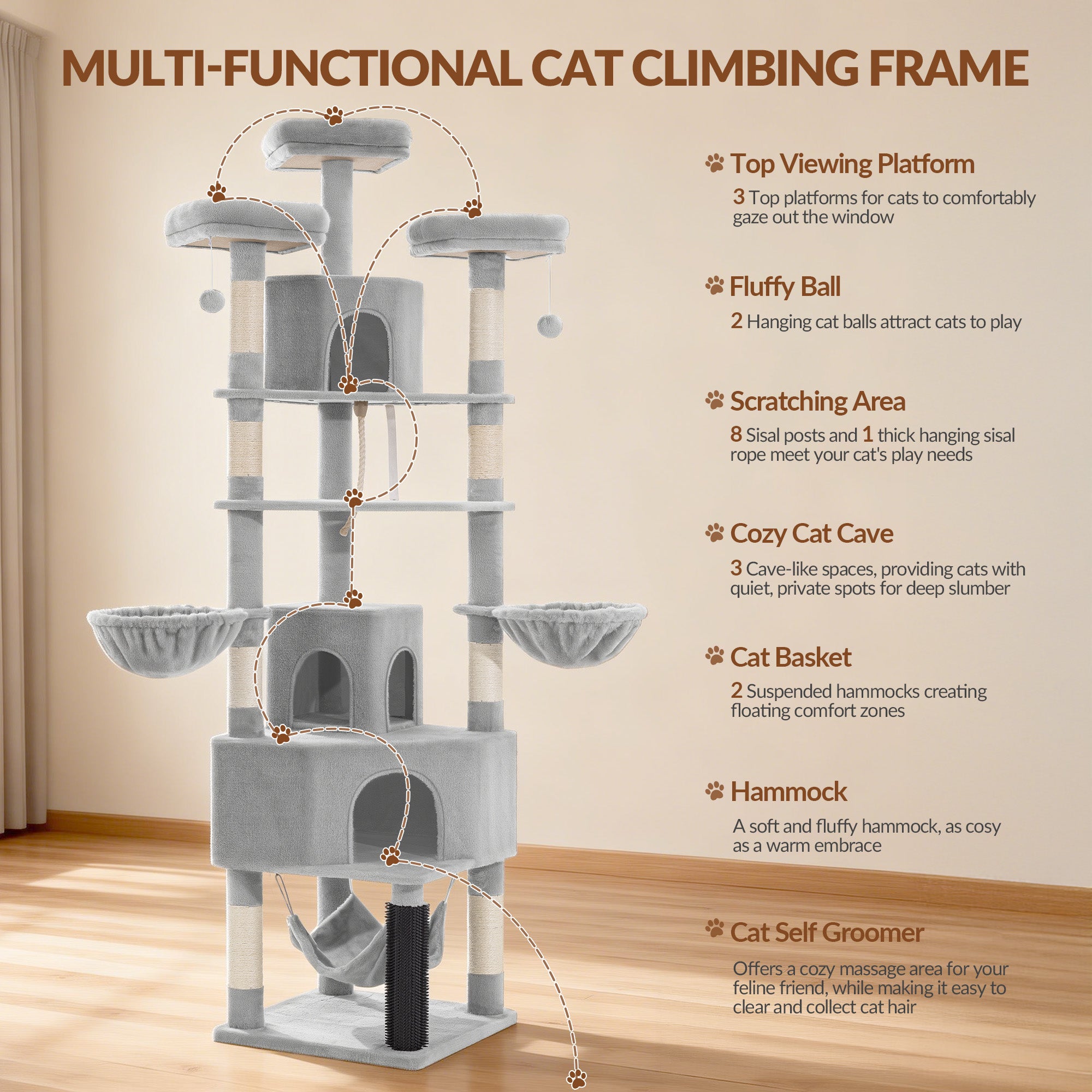 Fobyfurny Large Cat Tree, 220 cm, XXL Stable Cat Tree with Large Caves, 3 Platforms, 8 Sisal Posts, Hammock, Cat Brushes, Baskets, Thick Sisal Rope, Light Grey FPMS011FG1