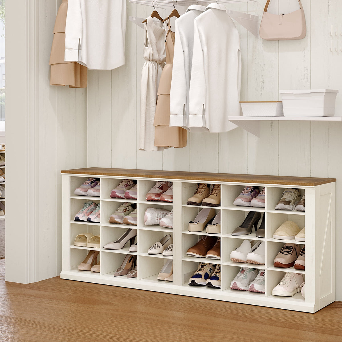 Hzuaneri Shoe Storage Bench, 59"W Farmhouse Widened Wooden Entryway Cubby Organizer with Compartments for Cloakroom & Entryway, Antique White