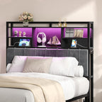 Full Size Headboard with 3-Tier Storage Shelves, Upholstered Headboards 2 Outlets, USB Ports & LED Light, Sturdy and Stable Headboard, White and Gold