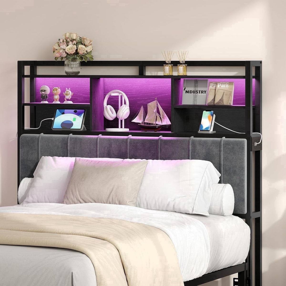 Full Size Headboard with 3-Tier Storage Shelves, Upholstered Headboards 2 Outlets, USB Ports & LED Light, Sturdy and Stable Headboard, White and Gold