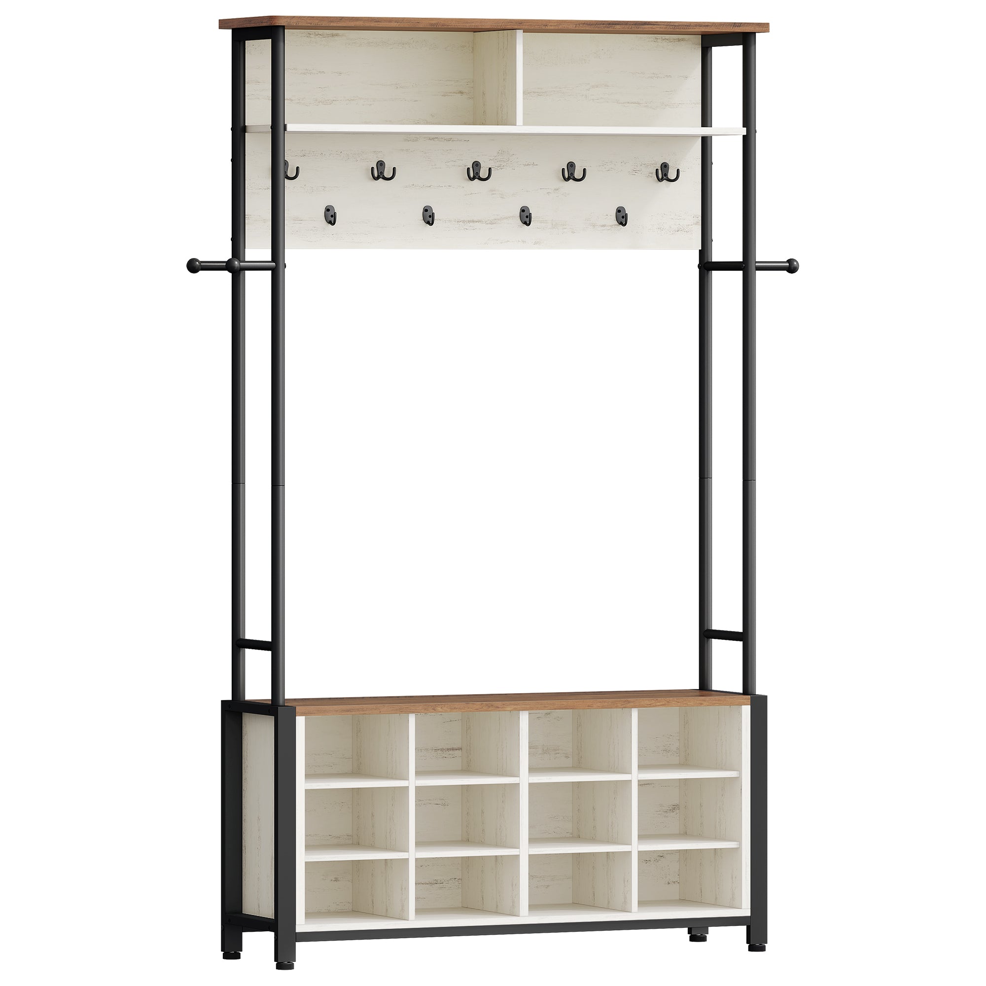 Hzuaneri Coat Rack, Entryway Furniture with Shoe Bench, 14 Open Compartments, 13 Shelves, Industrial Style, for Entryway, Hallway, 31 x 110 x 187 cm, White and Brown HT17914B