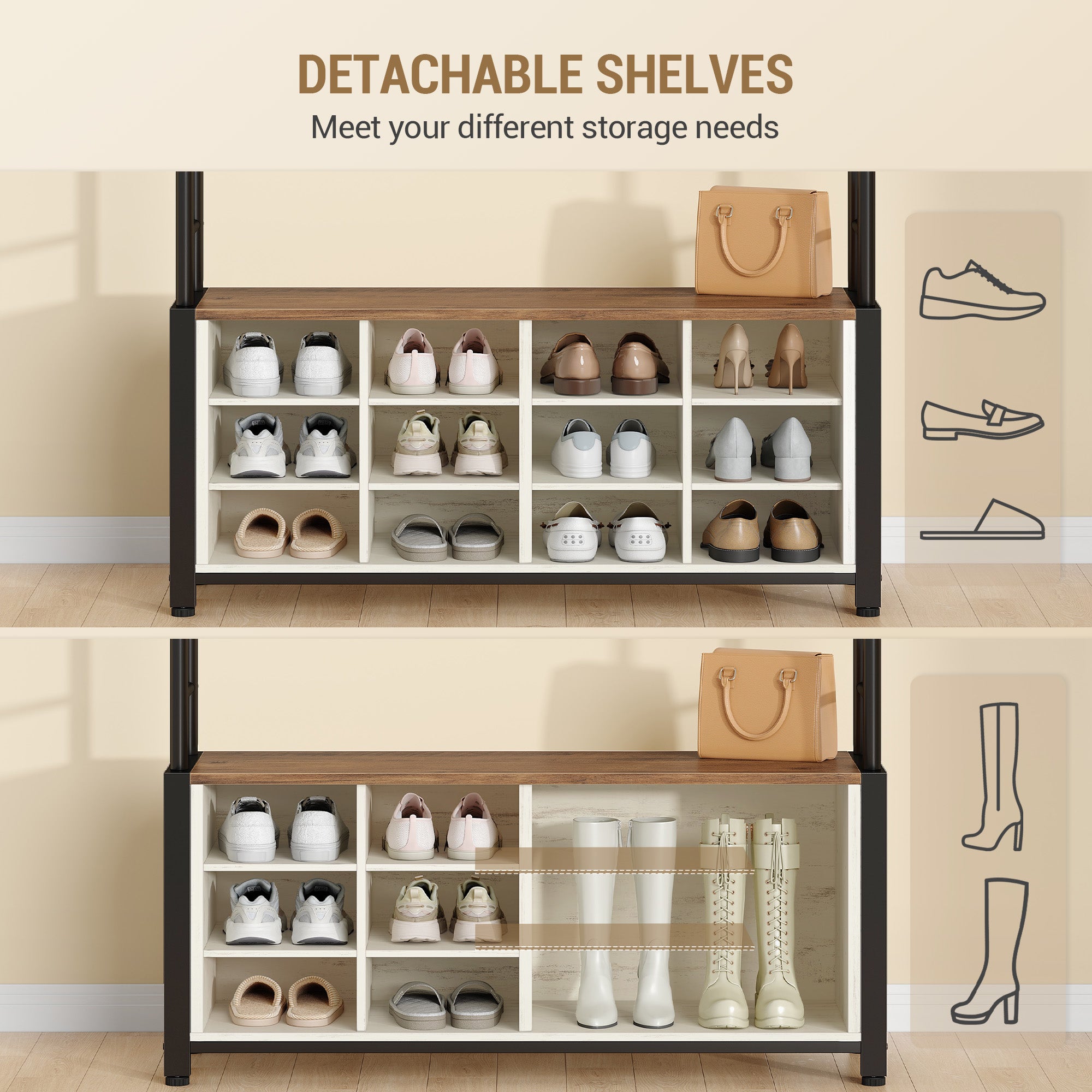 Hzuaneri Coat Rack, Entryway Furniture with Shoe Bench, 14 Open Compartments, 13 Shelves, Industrial Style, for Entryway, Hallway, 31 x 110 x 187 cm, White and Brown HT17914B