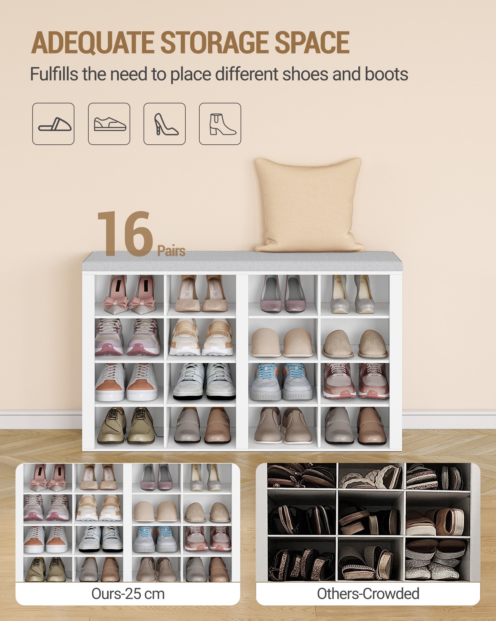 Hzuaneri Wardrobe with Bench, Shoe Bench with Seat, Entrance Bench, Wall-Mounted Wardrobe with 9 Hooks, 16 Compartments, for Living Room, Hallway, 30 x 104 x 59 cm, White-Grey, HT56603GY