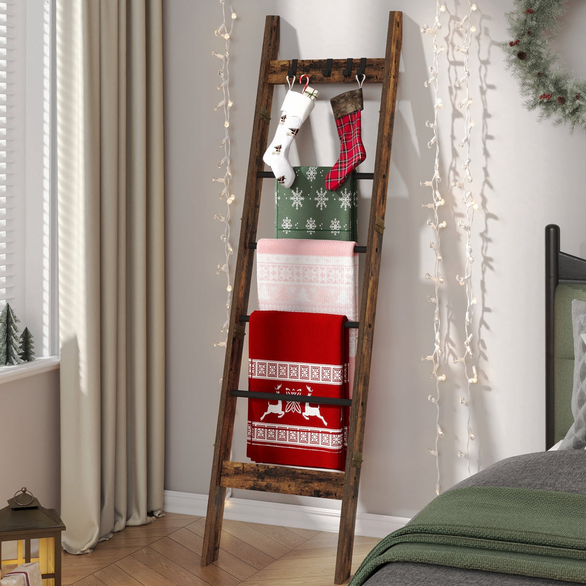 Hzuaneri 6-Tier Blanket Ladder with Hooks, 5.6Ft Wall Leaning Blanket Ladder, 4 Removable Hooks for Living Room, Bedroom Bathroom, Decorative Quilt Rack Easy to Assemble, Rustic Brown