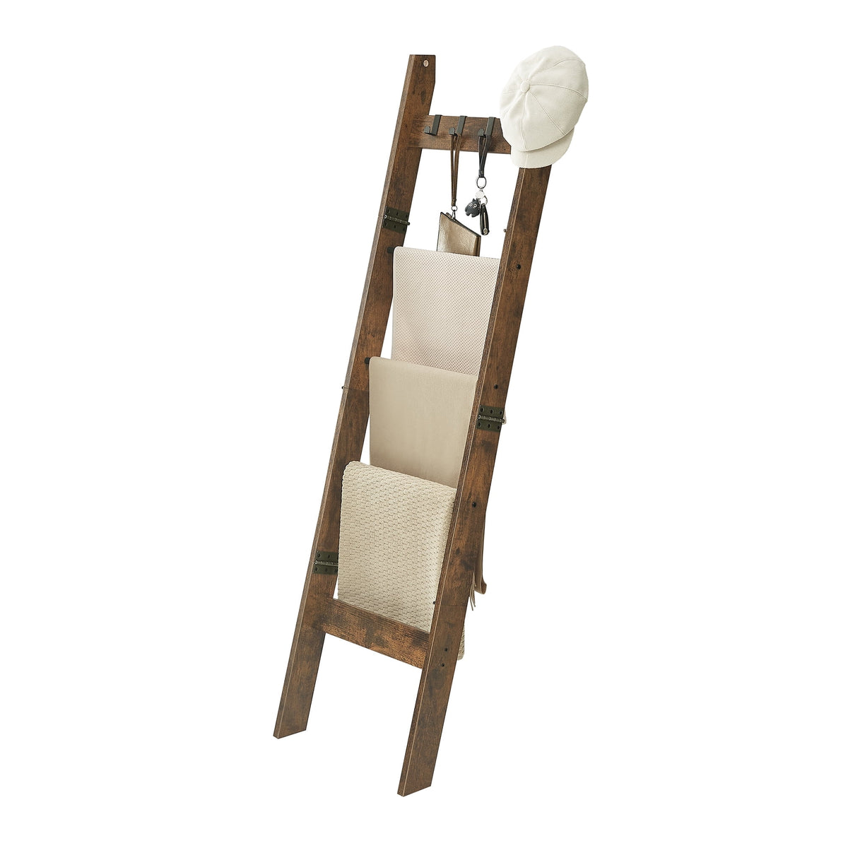 Hzuaneri Blanket Ladder for Living Room, 5-Tier Farmhouse Ladder Holder with 4 Hooks, 5ft 3 inch Rustic Decorative Farmhouse Blanket Holder Rack Easy Assembly - Rustic Brown