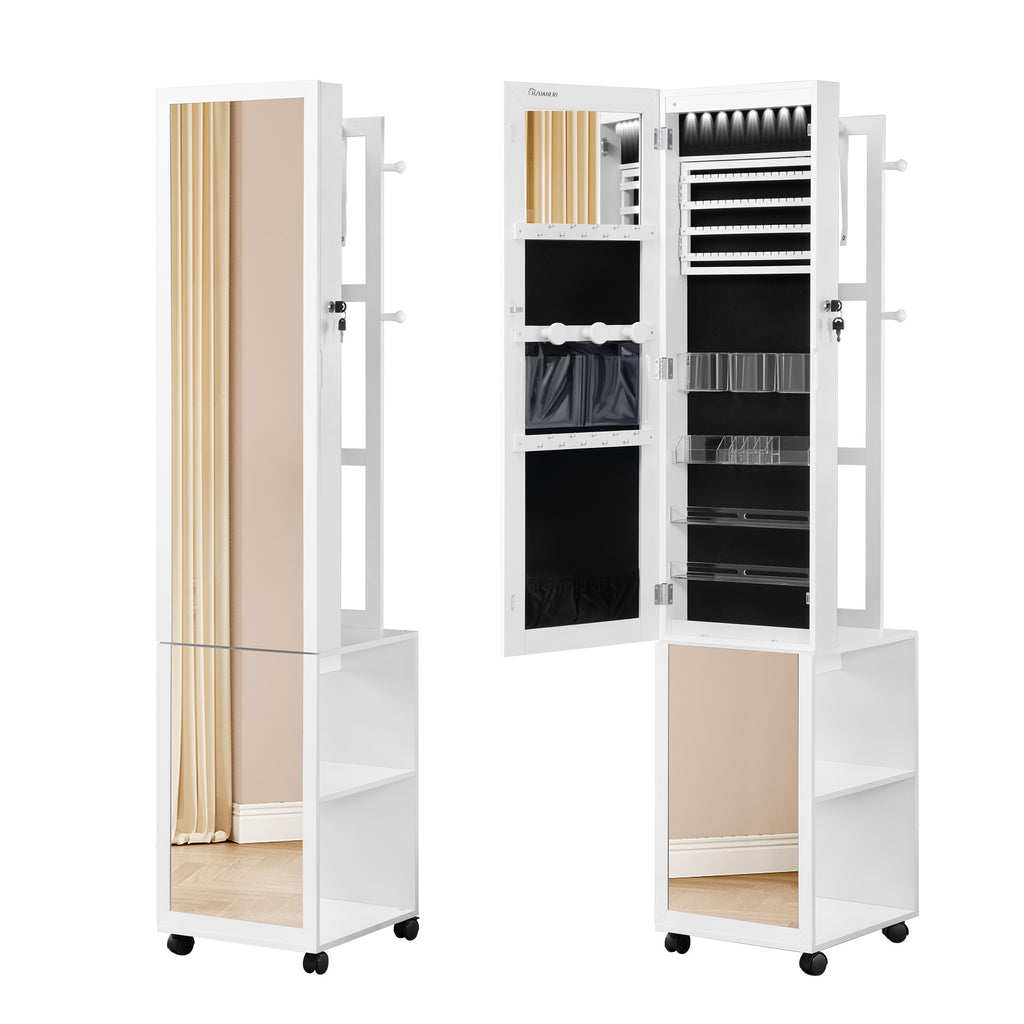 Hzuaneri Jewelry Cabinet, Jewelry Mirror Cabinet, Standing Jewelry Organizer with 1 Clothes Rack, White and Black