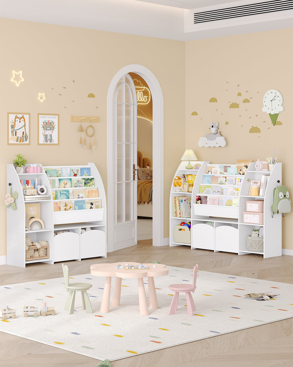 Hzuaneri Children's Shelf with Newspaper Rack, Children's Bookshelf with 2 Columns, 4 Shelves, Toy Shelf, Children's Storage Box, for Children's Room, Living Room 30 x 105 x 100 cm, White KB12003W