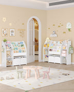Hzuaneri Children's Shelf with Newspaper Rack, Children's Bookshelf with 2 Columns, 4 Shelves, Toy Shelf, Children's Storage Box, for Children's Room, Living Room 30 x 105 x 100 cm, White KB12003W