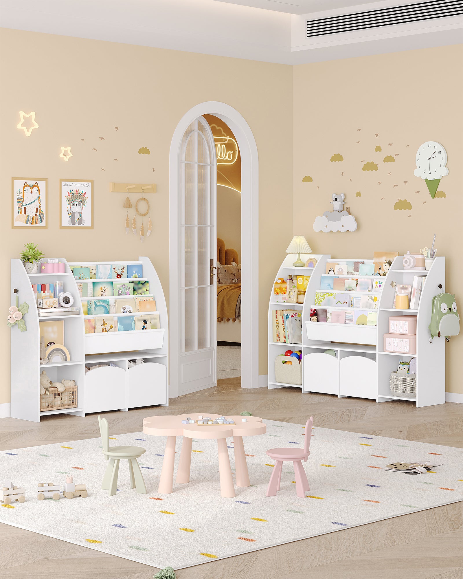 Hzuaneri Children's Shelf with Newspaper Rack, Children's Bookshelf with 2 Columns, 4 Shelves, Toy Shelf, Children's Storage Box, for Children's Room, Living Room 30 x 105 x 100 cm, White KB12003W