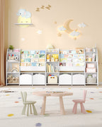 Hzuaneri Children's Shelf with Newspaper Rack, Children's Bookshelf with 3 Columns, 4 Shelves, Toy Shelf, Children's Storage Box, for Children's Room, Living Room, 30 x 140 x 100 cm KB13003W